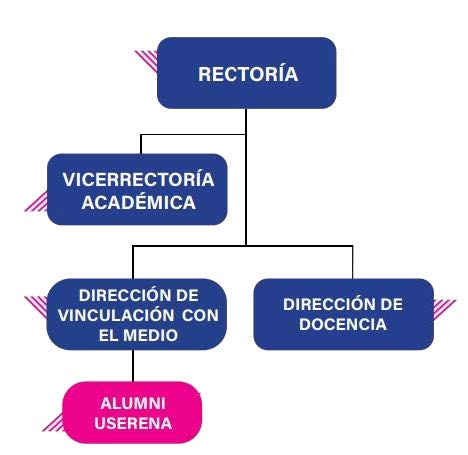 Organigrama: Rectoría, Vicerrectoría Académica, Dirección de Vinculación con el Medio, Dirección de Docencia y Alumni USerena