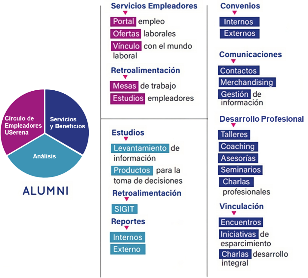 Esquema de las líneas de acción de Alumni: Círculo de Empleadores USerena, Servicios y Beneficios, y Análisis, con sus servicios asociados
